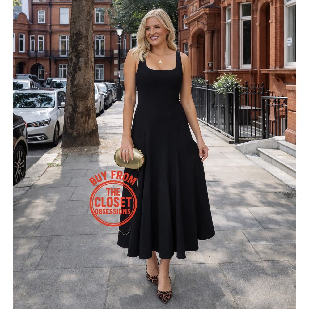 ZARA Black A-Line Midi Dress NWT Square Neck Fit Flare Blogger Favorite L